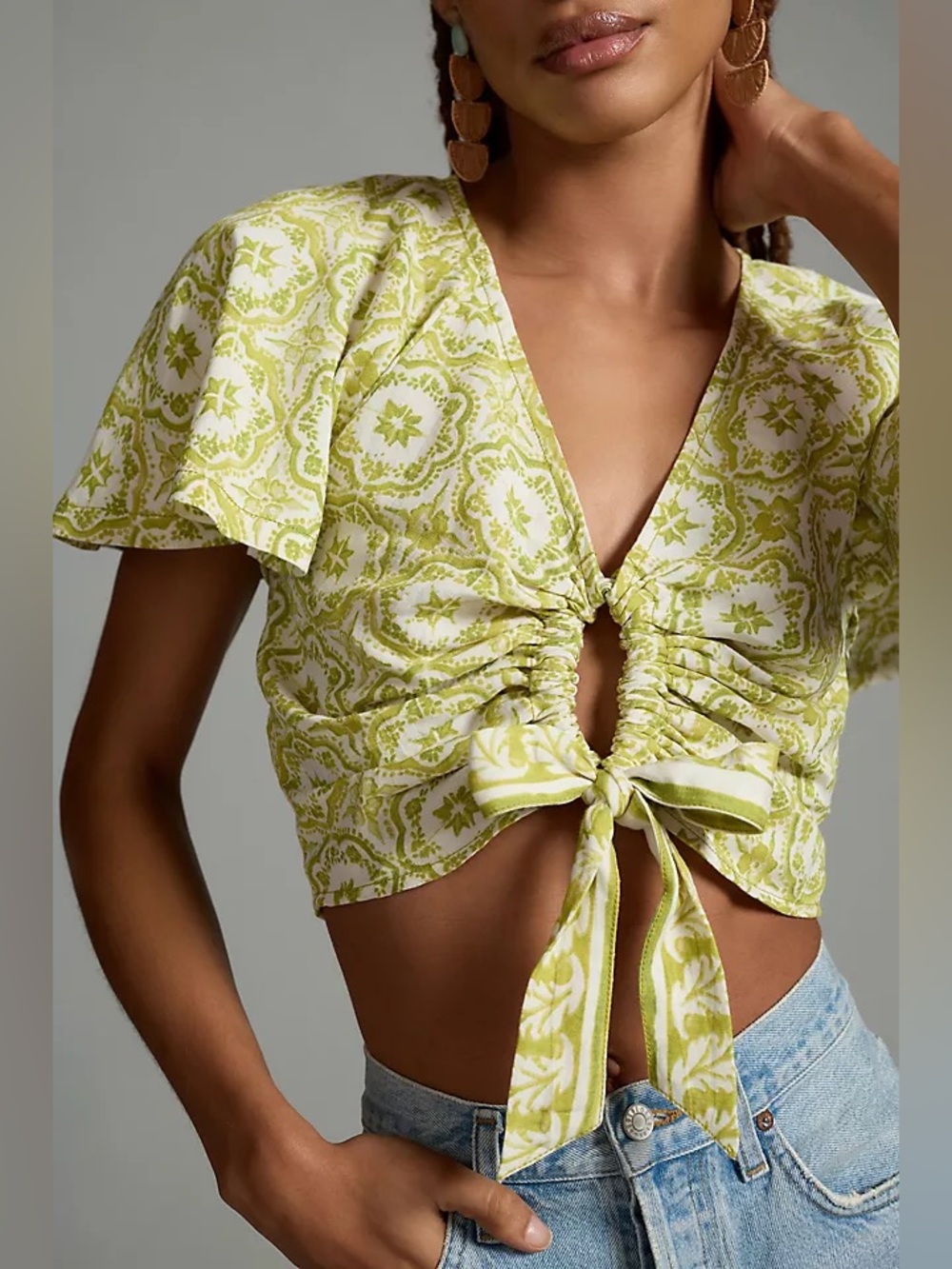 Anthropologie Pilcro Flutter-Sleeve Crop Top Sz Large
